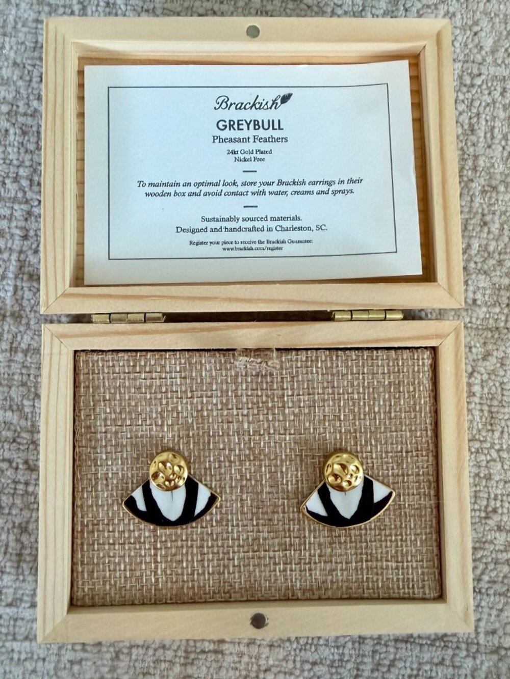 Brackish Greybull Pheasant Feather Stud Earrings 24K Gold